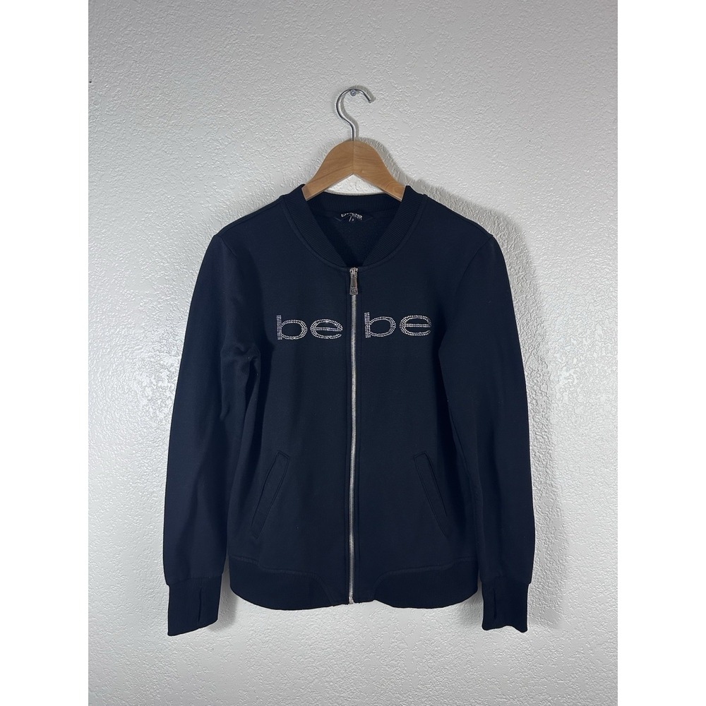 Bebe Sport Rhinestone Logo Zip Up Jacket Women's Black Thumbhole Small Y2K